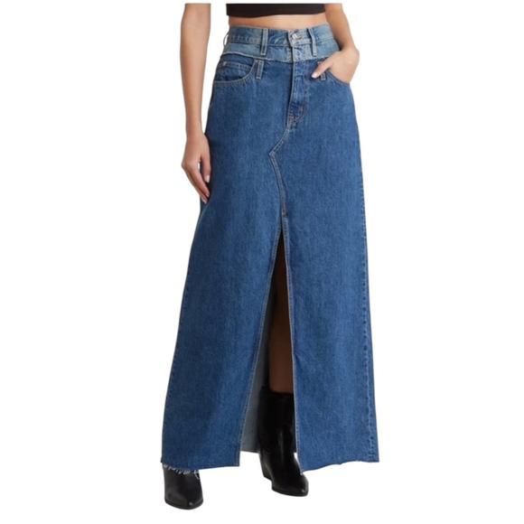 NWT SLVRLAKE Sz 27 Re-work Dallas Maxi Slit Front Denim Jean Skirt